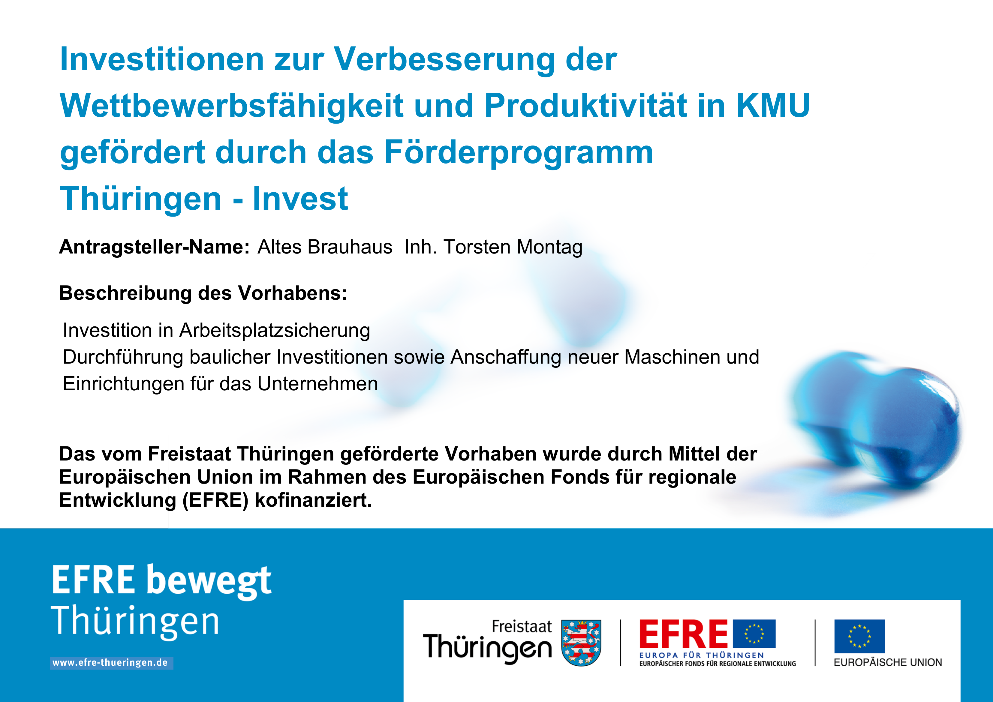 Förderplakat: Thüringen-Invest – Investitionen zur Verbesserung der Wettbewerbsfähigkeit und Produktivität in KMU, gefördert durch EFRE